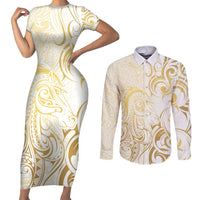 Gold And White Aotearoa Horse Racing Couples Matching Short Sleeve Bodycon Dress and Long Sleeve Button Shirt NZ Maori Pattern LT14 White - Polynesian Pride