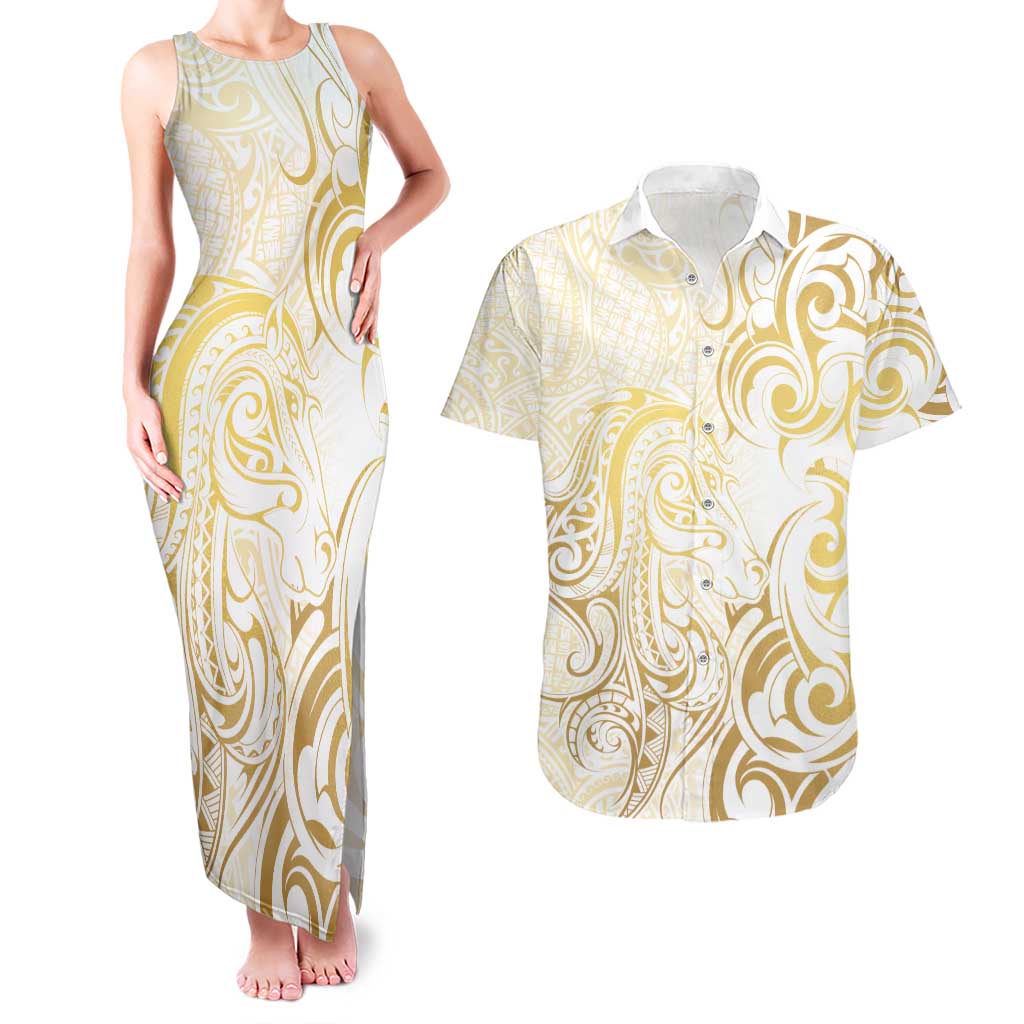 Gold And White Aotearoa Horse Racing Couples Matching Tank Maxi Dress and Hawaiian Shirt NZ Maori Pattern LT14 White - Polynesian Pride