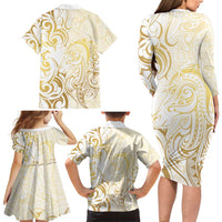 Gold And White Aotearoa Horse Racing Family Matching Long Sleeve Bodycon Dress and Hawaiian Shirt NZ Maori Pattern LT14 - Polynesian Pride