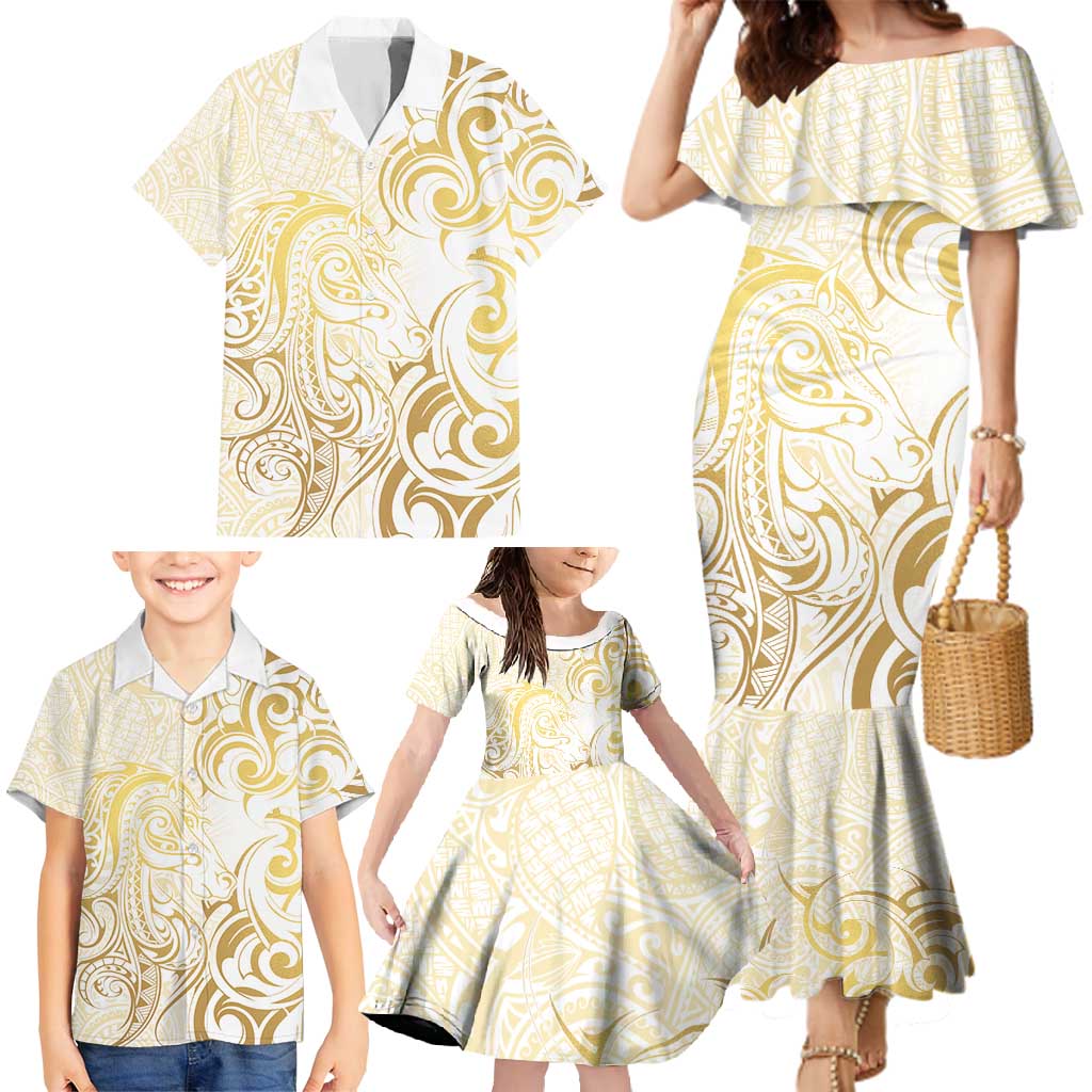 Gold And White Aotearoa Horse Racing Family Matching Mermaid Dress and Hawaiian Shirt NZ Maori Pattern LT14 - Polynesian Pride