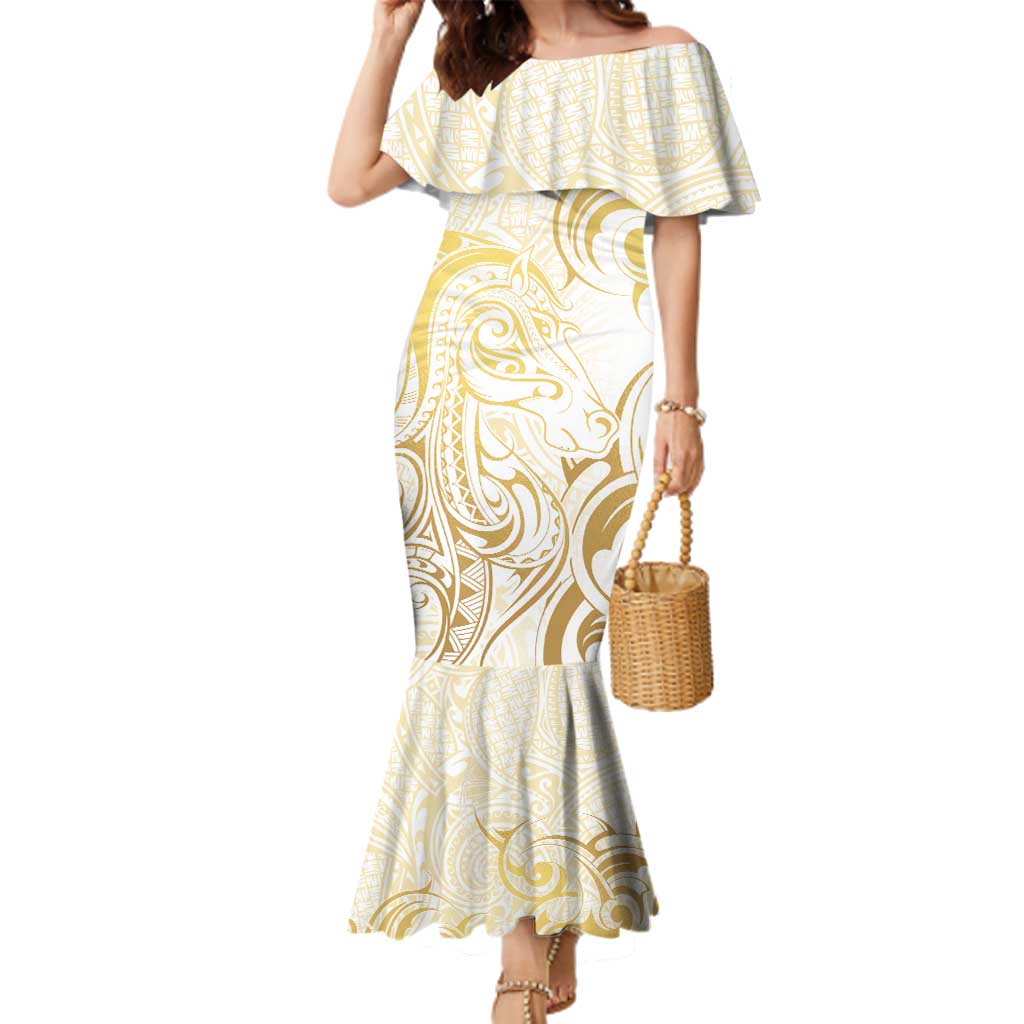 Gold And White Aotearoa Horse Racing Family Matching Mermaid Dress and Hawaiian Shirt NZ Maori Pattern LT14 Mom's Dress White - Polynesian Pride