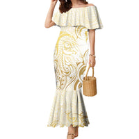 Gold And White Aotearoa Horse Racing Family Matching Mermaid Dress and Hawaiian Shirt NZ Maori Pattern LT14 Mom's Dress White - Polynesian Pride