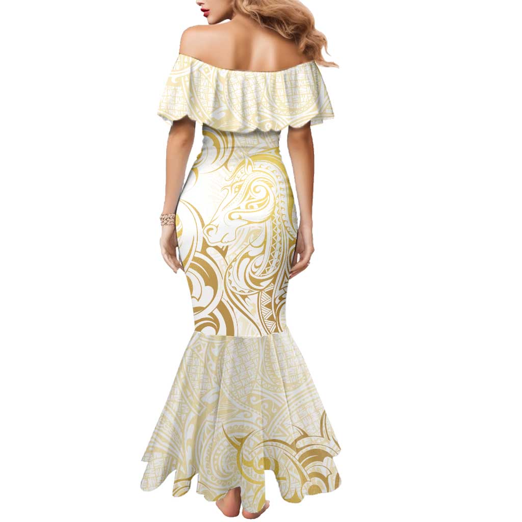 Gold And White Aotearoa Horse Racing Family Matching Mermaid Dress and Hawaiian Shirt NZ Maori Pattern LT14 - Polynesian Pride