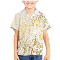 Gold And White Aotearoa Horse Racing Family Matching Mermaid Dress and Hawaiian Shirt NZ Maori Pattern LT14 Son's Shirt White - Polynesian Pride