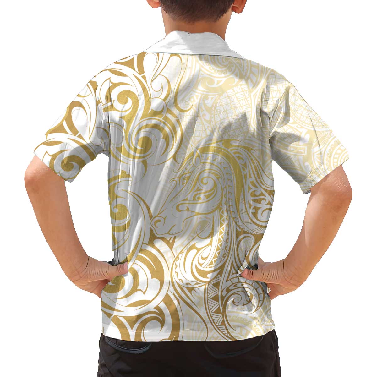 Gold And White Aotearoa Horse Racing Family Matching Off The Shoulder Long Sleeve Dress and Hawaiian Shirt NZ Maori Pattern LT14 - Polynesian Pride