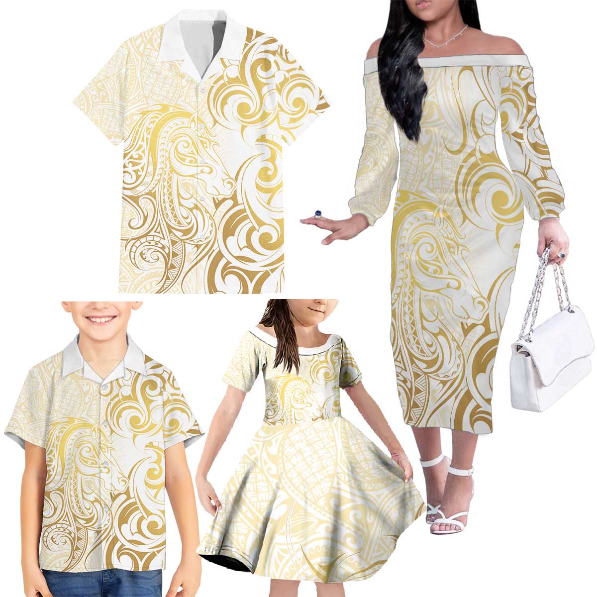Gold And White Aotearoa Horse Racing Family Matching Off The Shoulder Long Sleeve Dress and Hawaiian Shirt NZ Maori Pattern LT14 - Polynesian Pride
