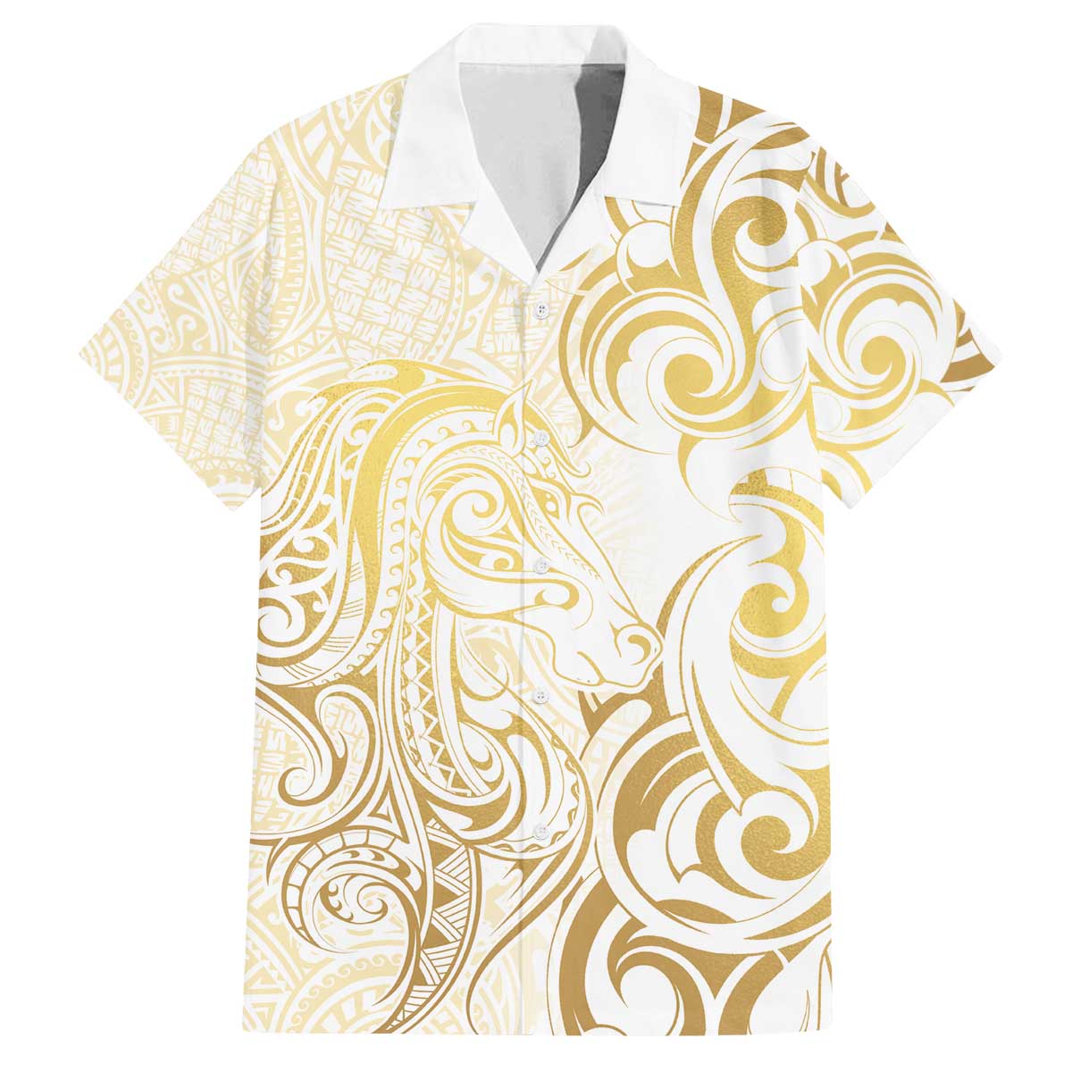 Gold And White Aotearoa Horse Racing Family Matching Off The Shoulder Long Sleeve Dress and Hawaiian Shirt NZ Maori Pattern LT14 Dad's Shirt - Short Sleeve White - Polynesian Pride