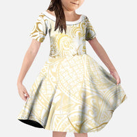 Gold And White Aotearoa Horse Racing Family Matching Off Shoulder Maxi Dress and Hawaiian Shirt NZ Maori Pattern LT14 Daughter's Dress White - Polynesian Pride