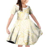 Gold And White Aotearoa Horse Racing Family Matching Off Shoulder Short Dress and Hawaiian Shirt NZ Maori Pattern LT14 Daughter's Dress White - Polynesian Pride
