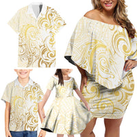 Gold And White Aotearoa Horse Racing Family Matching Off Shoulder Short Dress and Hawaiian Shirt NZ Maori Pattern LT14 - Polynesian Pride