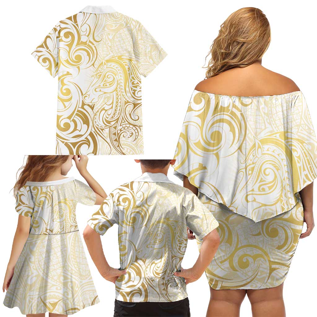 Gold And White Aotearoa Horse Racing Family Matching Off Shoulder Short Dress and Hawaiian Shirt NZ Maori Pattern LT14 - Polynesian Pride