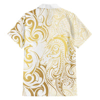 Gold And White Aotearoa Horse Racing Family Matching Off Shoulder Short Dress and Hawaiian Shirt NZ Maori Pattern LT14 - Polynesian Pride