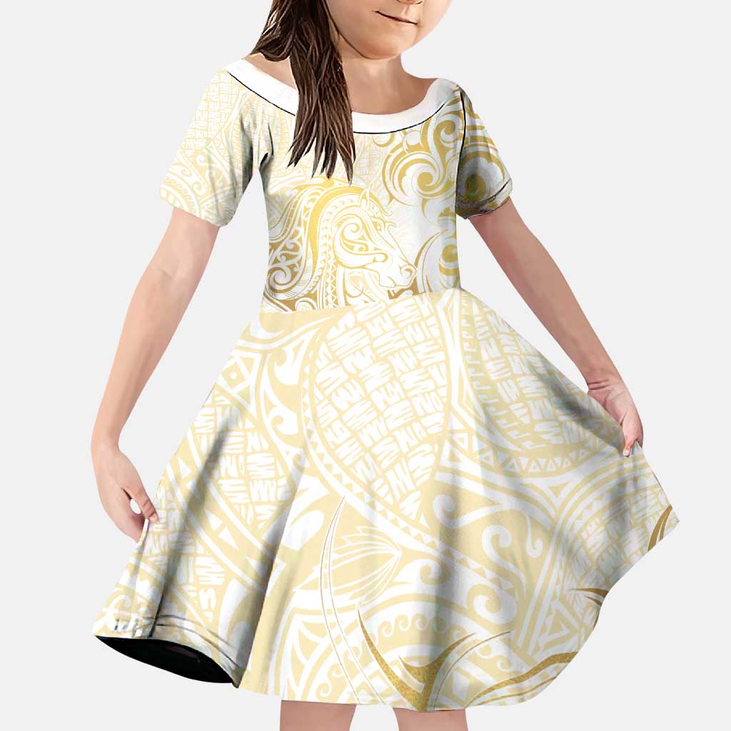 Gold And White Aotearoa Horse Racing Family Matching Puletasi and Hawaiian Shirt NZ Maori Pattern LT14 Daughter's Dress White - Polynesian Pride