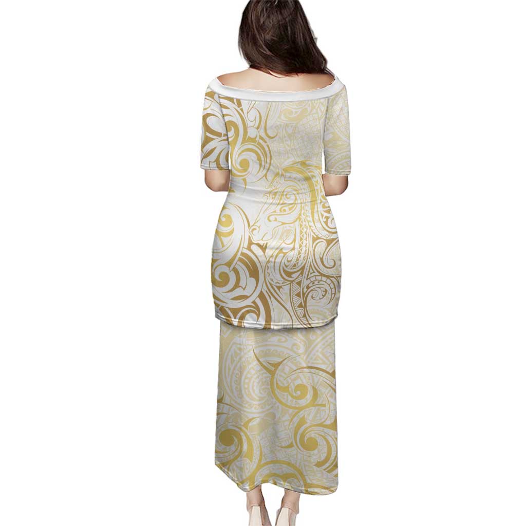 Gold And White Aotearoa Horse Racing Family Matching Puletasi and Hawaiian Shirt NZ Maori Pattern LT14 - Polynesian Pride
