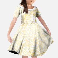 Gold And White Aotearoa Horse Racing Family Matching Short Sleeve Bodycon Dress and Hawaiian Shirt NZ Maori Pattern LT14 Daughter's Dress White - Polynesian Pride