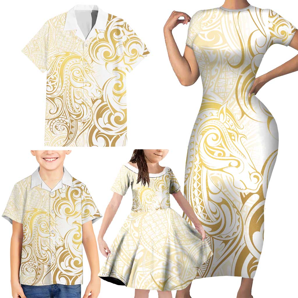 Gold And White Aotearoa Horse Racing Family Matching Short Sleeve Bodycon Dress and Hawaiian Shirt NZ Maori Pattern LT14 - Polynesian Pride