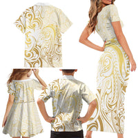 Gold And White Aotearoa Horse Racing Family Matching Short Sleeve Bodycon Dress and Hawaiian Shirt NZ Maori Pattern LT14 - Polynesian Pride