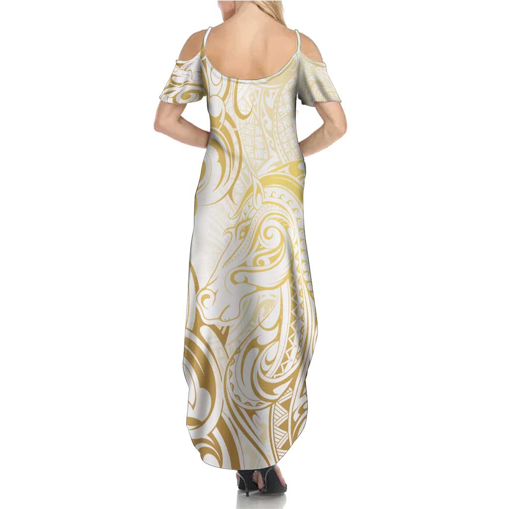 Gold And White Aotearoa Horse Racing Family Matching Summer Maxi Dress and Hawaiian Shirt NZ Maori Pattern LT14 - Polynesian Pride
