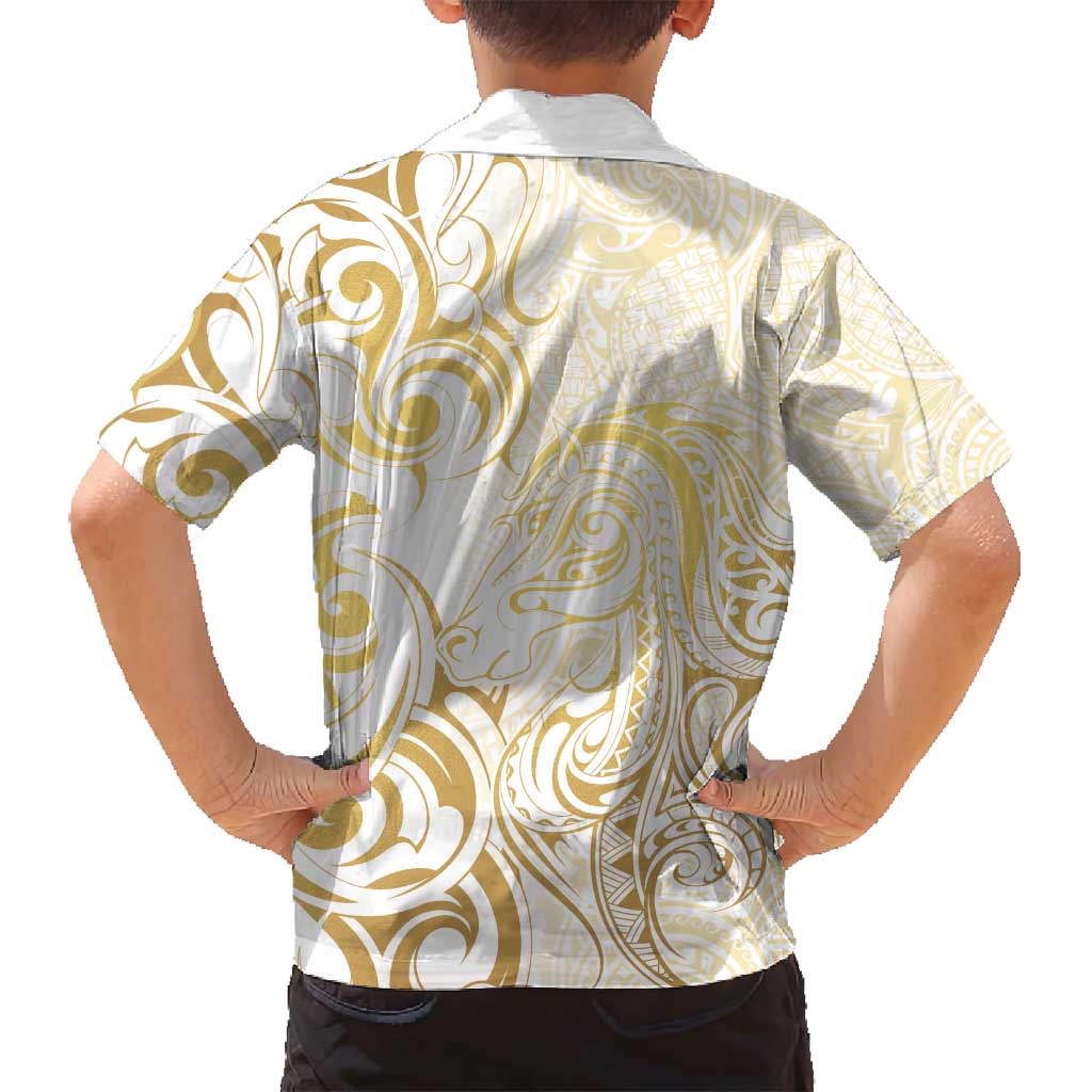Gold And White Aotearoa Horse Racing Family Matching Tank Maxi Dress and Hawaiian Shirt NZ Maori Pattern LT14 - Polynesian Pride