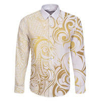Gold And White Aotearoa Horse Racing Family Matching Tank Maxi Dress and Hawaiian Shirt NZ Maori Pattern LT14 Dad's Shirt - Long Sleeve White - Polynesian Pride