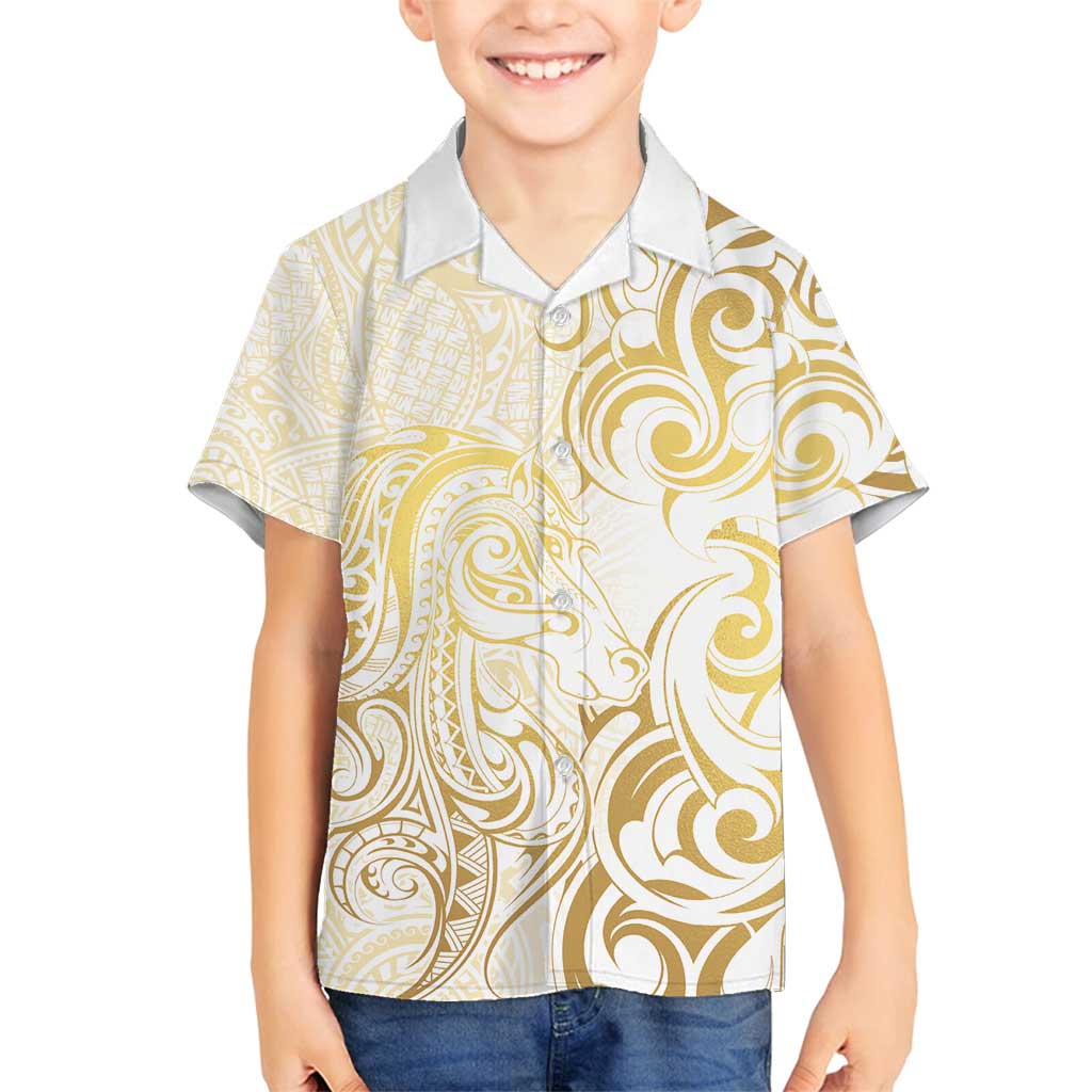 Gold And White Aotearoa Horse Racing Family Matching Tank Maxi Dress and Hawaiian Shirt NZ Maori Pattern LT14 Son's Shirt White - Polynesian Pride