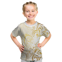 Gold And White Aotearoa Horse Racing Kid T Shirt NZ Maori Pattern LT14 White - Polynesian Pride
