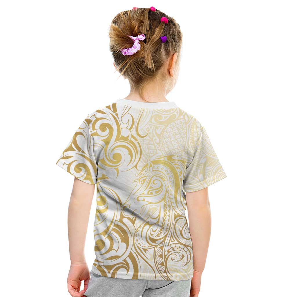 Gold And White Aotearoa Horse Racing Kid T Shirt NZ Maori Pattern LT14 - Polynesian Pride