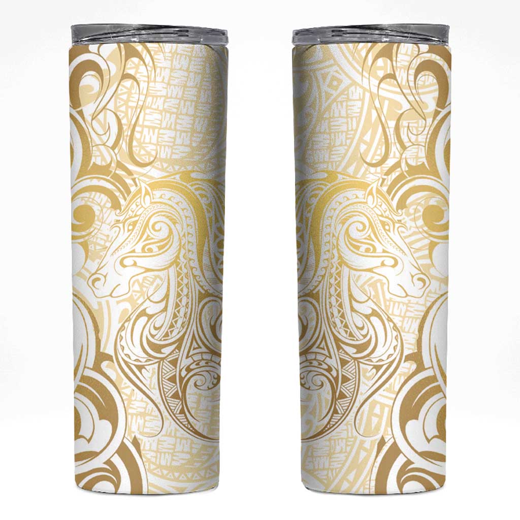 Gold And White Aotearoa Horse Racing Skinny Tumbler NZ Maori Pattern LT14 White - Polynesian Pride