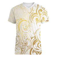 Gold And White Aotearoa Horse Racing Women V-Neck T-Shirt NZ Maori Pattern LT14 Female White - Polynesian Pride