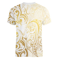 Gold And White Aotearoa Horse Racing Women V-Neck T-Shirt NZ Maori Pattern LT14 - Polynesian Pride