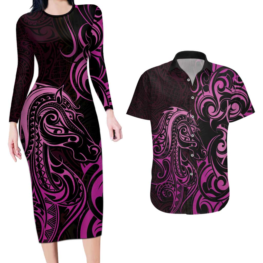Pink Aotearoa Horse Racing Couples Matching Long Sleeve Bodycon Dress and Hawaiian Shirt NZ Maori Pattern LT14 Pink - Polynesian Pride