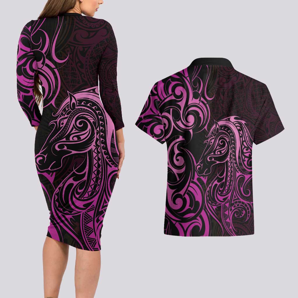 Pink Aotearoa Horse Racing Couples Matching Long Sleeve Bodycon Dress and Hawaiian Shirt NZ Maori Pattern LT14 - Polynesian Pride