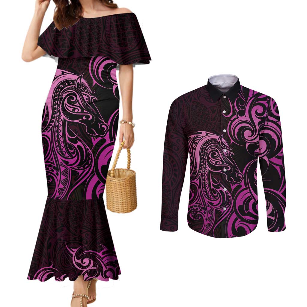 Pink Aoteara Horse Racing Couples Matching Mermaid Dress and Long Sleeve Button Shirt NZ Maori Pattern
