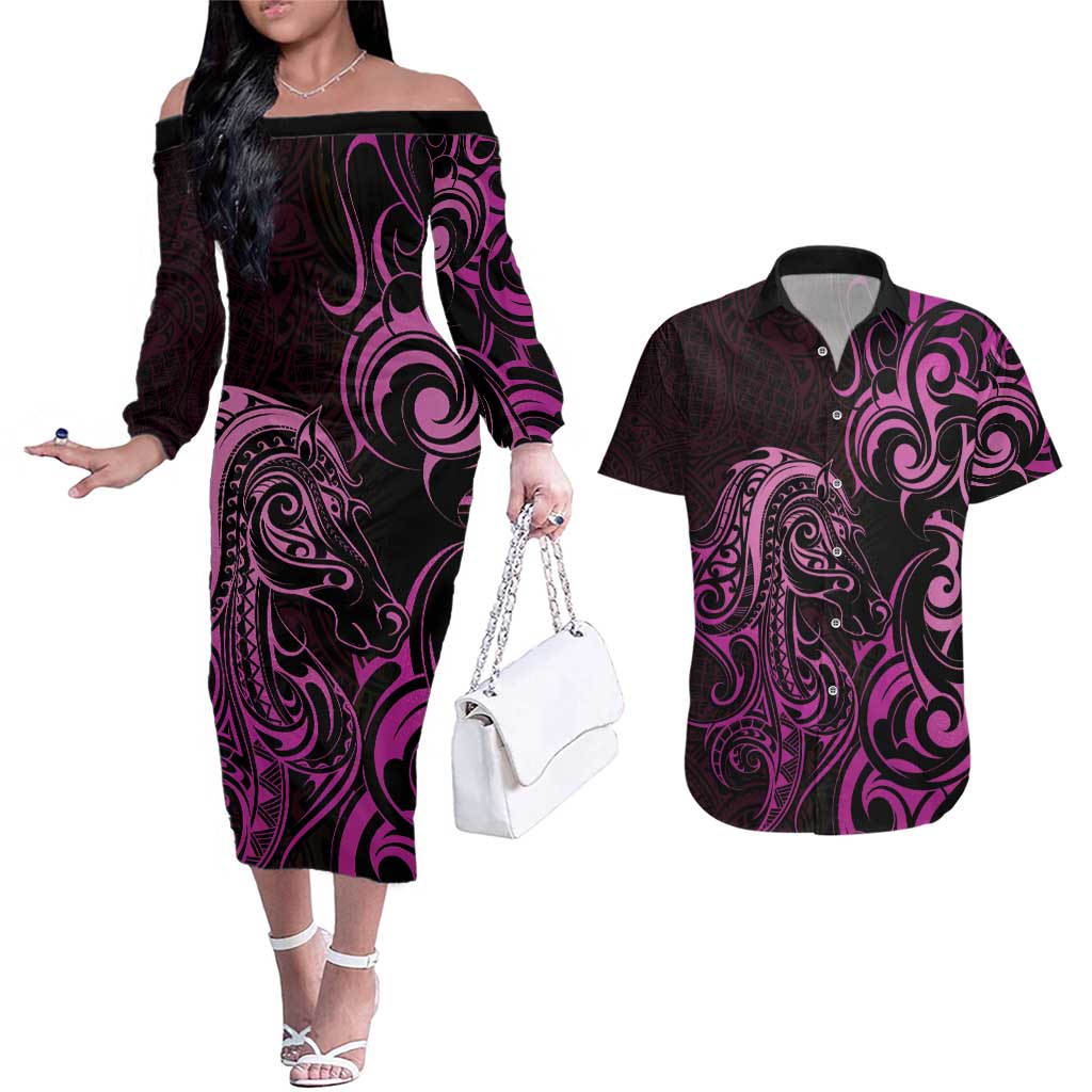 Pink Aotearoa Horse Racing Couples Matching Off The Shoulder Long Sleeve Dress and Hawaiian Shirt NZ Maori Pattern LT14 Pink - Polynesian Pride