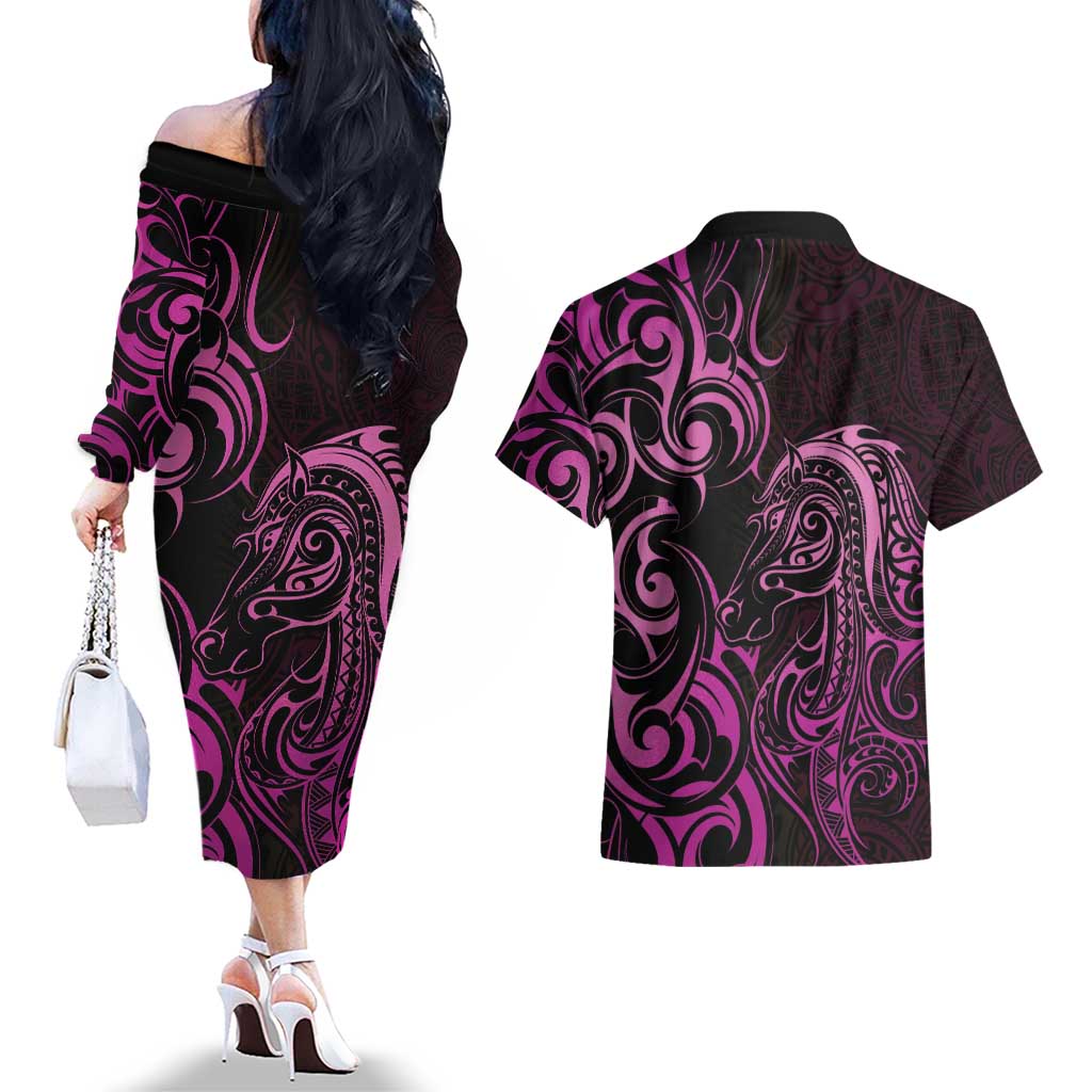 Pink Aotearoa Horse Racing Couples Matching Off The Shoulder Long Sleeve Dress and Hawaiian Shirt NZ Maori Pattern LT14 - Polynesian Pride