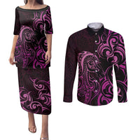 Pink Aoteara Horse Racing Couples Matching Puletasi and Long Sleeve Button Shirt NZ Maori Pattern