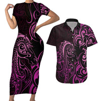 Pink Aotearoa Horse Racing Couples Matching Short Sleeve Bodycon Dress and Hawaiian Shirt NZ Maori Pattern LT14 Pink - Polynesian Pride