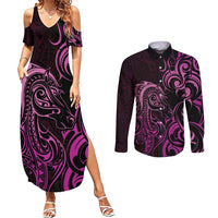 Pink Aotearoa Horse Racing Couples Matching Summer Maxi Dress and Long Sleeve Button Shirt NZ Maori Pattern LT14 Pink - Polynesian Pride