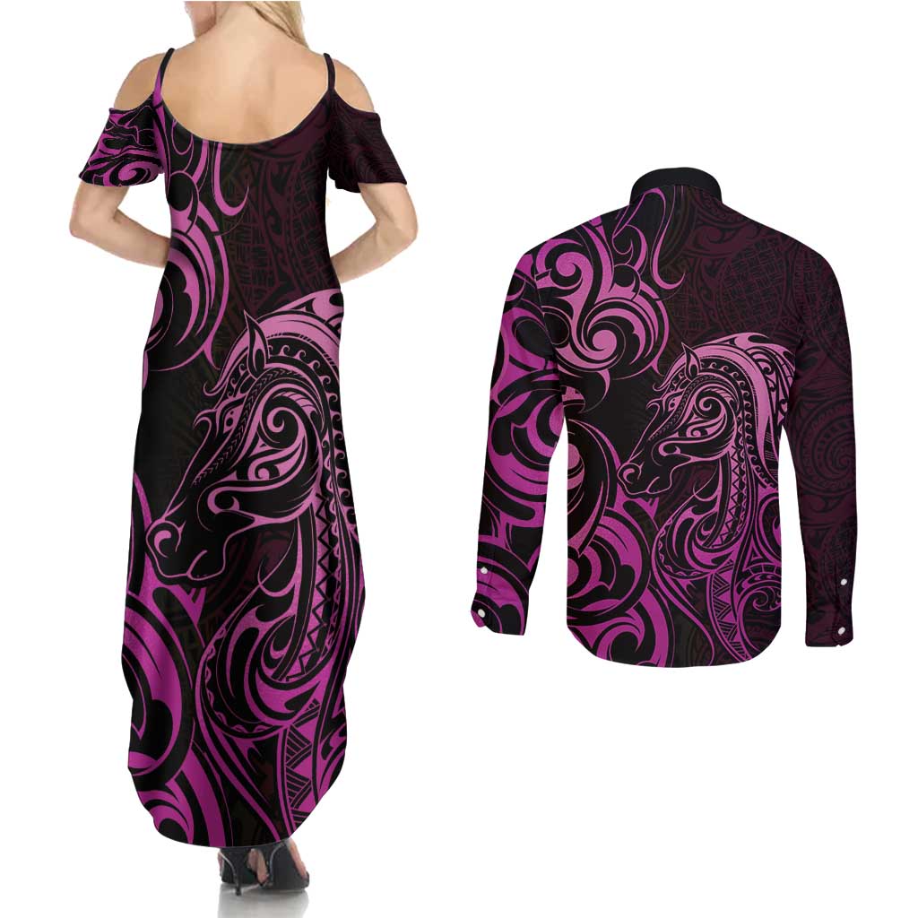 Pink Aotearoa Horse Racing Couples Matching Summer Maxi Dress and Long Sleeve Button Shirt NZ Maori Pattern LT14 - Polynesian Pride