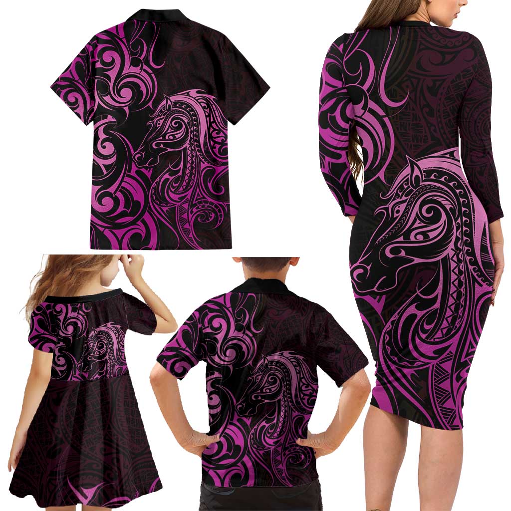 Pink Aotearoa Horse Racing Family Matching Long Sleeve Bodycon Dress and Hawaiian Shirt NZ Maori Pattern LT14 - Polynesian Pride