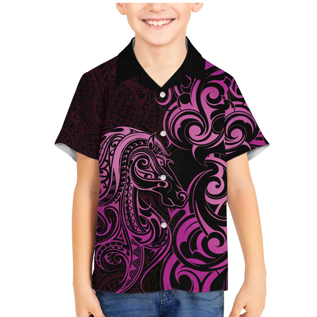 Pink Aotearoa Horse Racing Family Matching Mermaid Dress and Hawaiian Shirt NZ Maori Pattern LT14 Son's Shirt Pink - Polynesian Pride