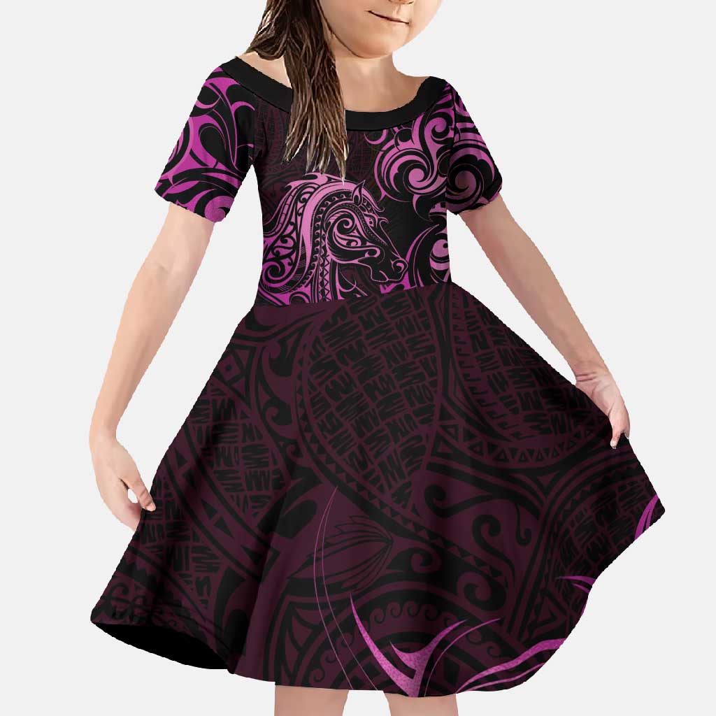 Pink Aotearoa Horse Racing Family Matching Off Shoulder Maxi Dress and Hawaiian Shirt NZ Maori Pattern LT14 Daughter's Dress Pink - Polynesian Pride