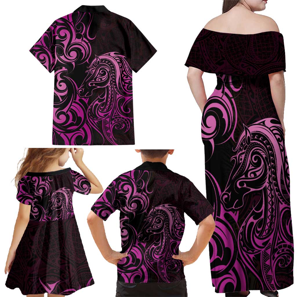 Pink Aotearoa Horse Racing Family Matching Off Shoulder Maxi Dress and Hawaiian Shirt NZ Maori Pattern LT14 - Polynesian Pride