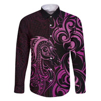Pink Aotearoa Horse Racing Family Matching Off Shoulder Maxi Dress and Hawaiian Shirt NZ Maori Pattern LT14 Dad's Shirt - Long Sleeve Pink - Polynesian Pride