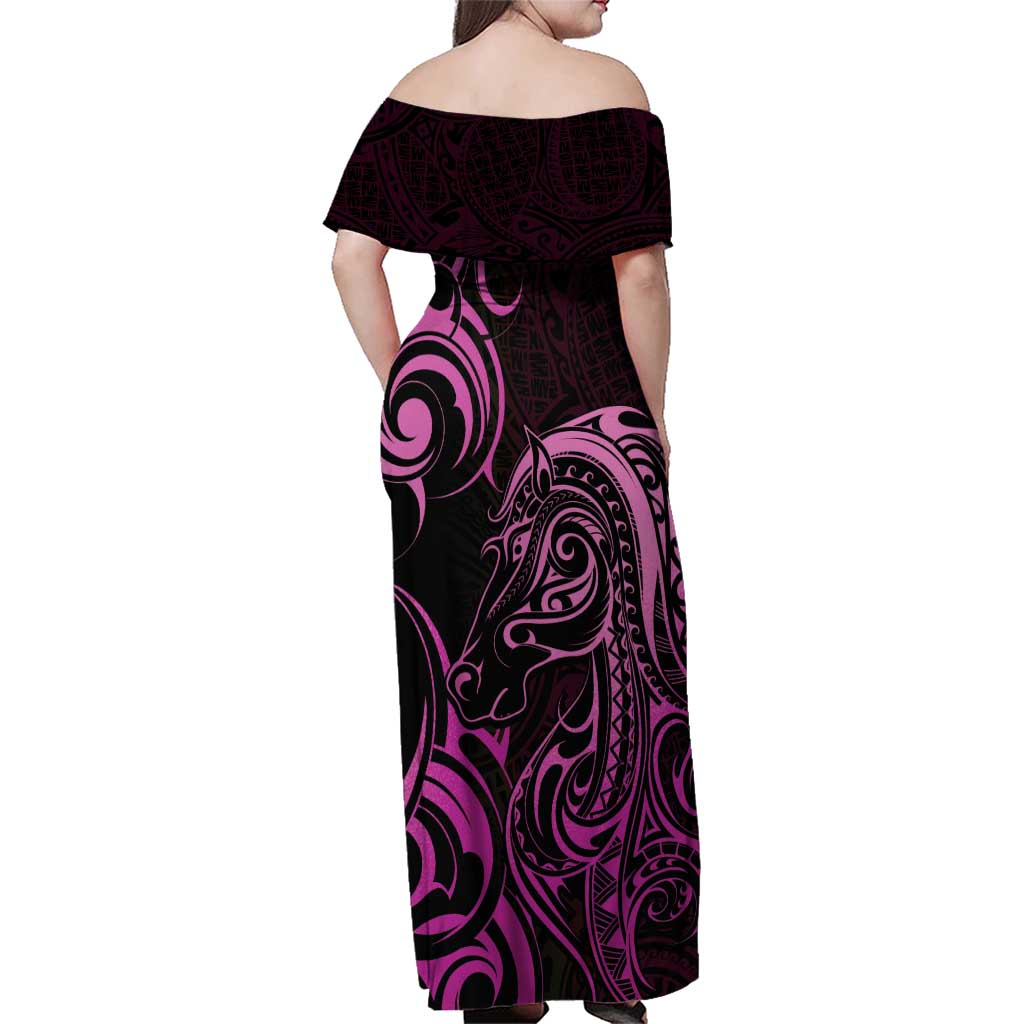Pink Aotearoa Horse Racing Family Matching Off Shoulder Maxi Dress and Hawaiian Shirt NZ Maori Pattern LT14 - Polynesian Pride