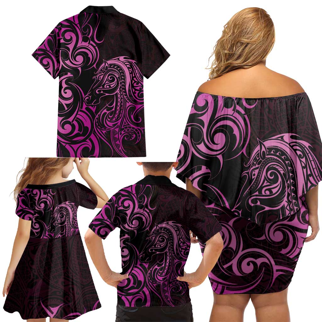 Pink Aotearoa Horse Racing Family Matching Off Shoulder Short Dress and Hawaiian Shirt NZ Maori Pattern LT14 - Polynesian Pride