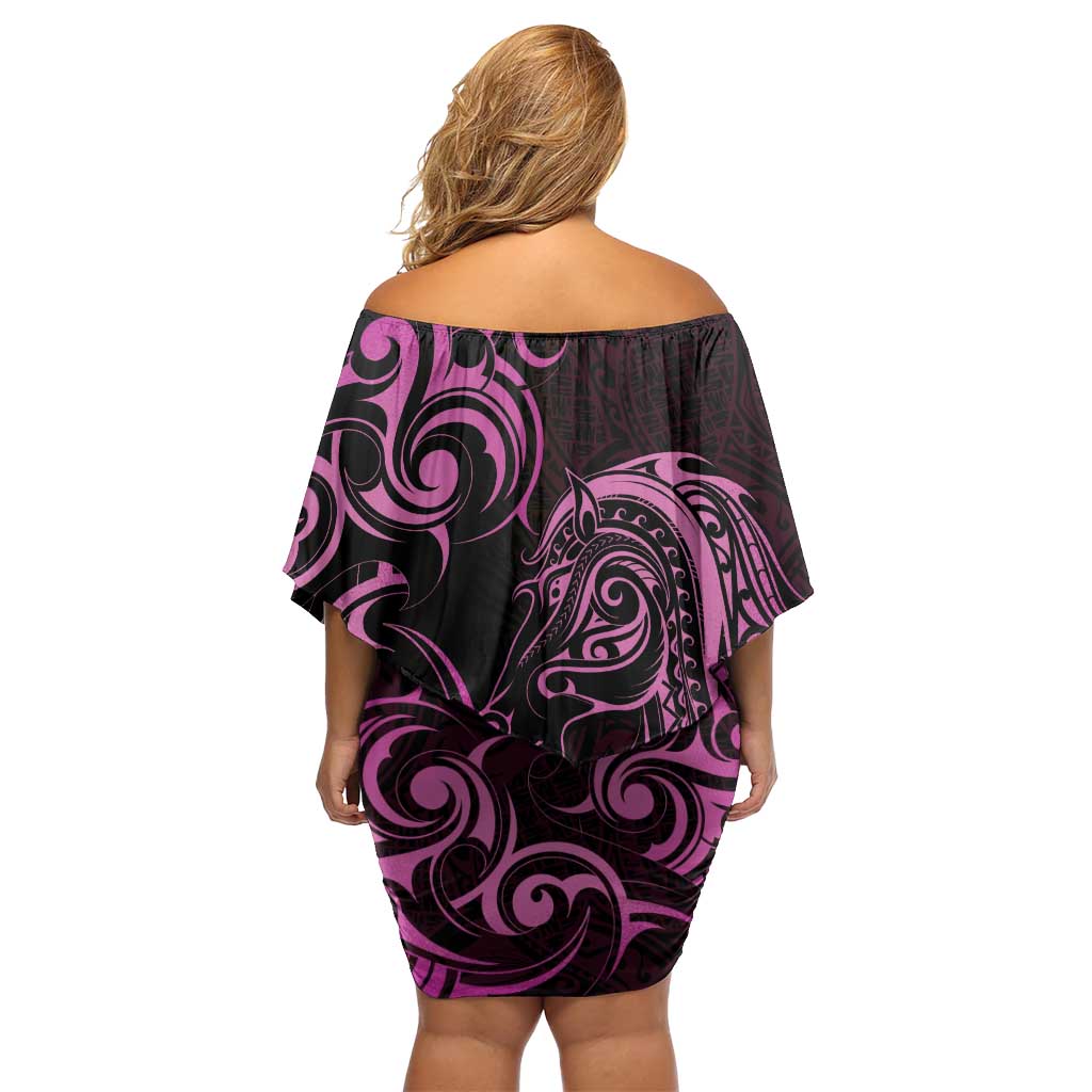 Pink Aotearoa Horse Racing Family Matching Off Shoulder Short Dress and Hawaiian Shirt NZ Maori Pattern LT14 - Polynesian Pride