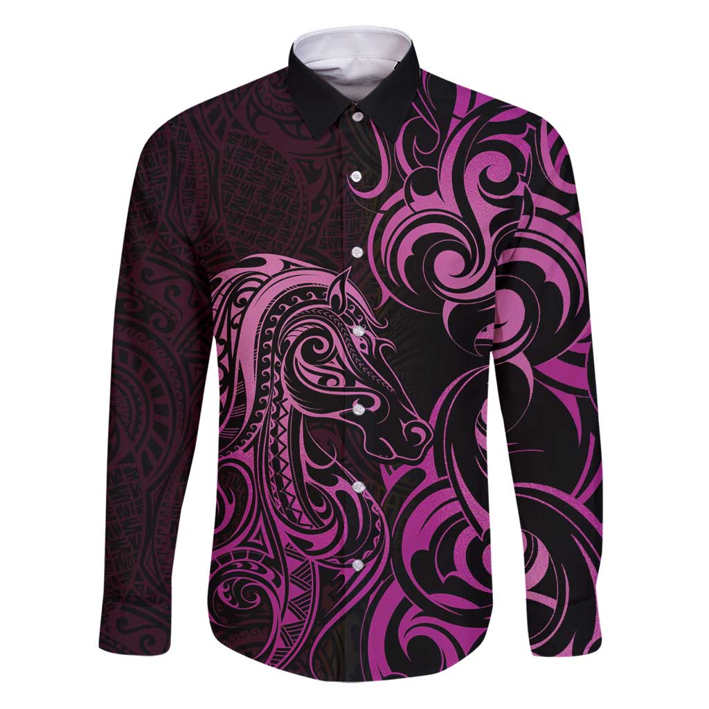 Pink Aotearoa Horse Racing Family Matching Puletasi and Hawaiian Shirt NZ Maori Pattern LT14 Dad's Shirt - Long Sleeve Pink - Polynesian Pride