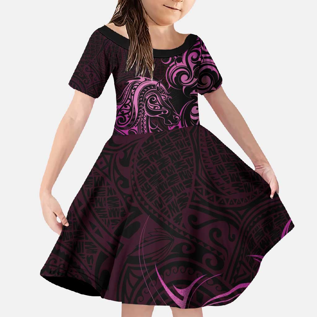 Pink Aotearoa Horse Racing Family Matching Short Sleeve Bodycon Dress and Hawaiian Shirt NZ Maori Pattern LT14 Daughter's Dress Pink - Polynesian Pride