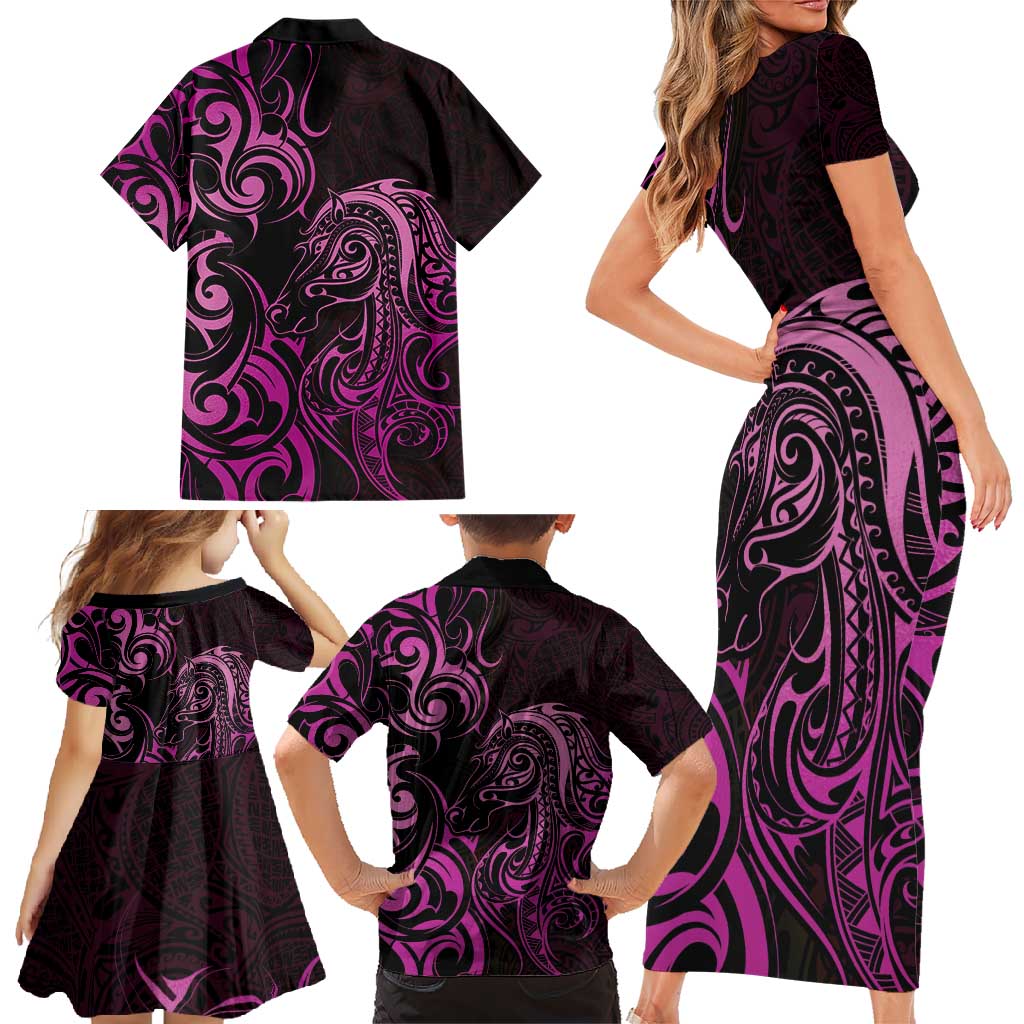 Pink Aotearoa Horse Racing Family Matching Short Sleeve Bodycon Dress and Hawaiian Shirt NZ Maori Pattern LT14 - Polynesian Pride